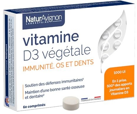 NaturAvignon Vitamine D3 1000 UI | 500% des apports journaliers | Immunité adulte, Os & Dents | Vitamine D végétale à base de lichen | Vitamine D 1000 ui | 60 comprimés