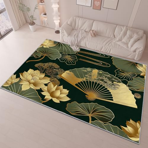 Washable Indoor Rug 160 x 230 cm, Vintage Luxury Fan Print Pattern Non-Slip Easy Clean Rugs for Bedroom Kitchen Nursery Dorm Kids Room Bedside Carpet - Dark Green Soft Low Pile Floor Carpet