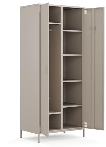 furni24 Metallschrank – Retro Garderobenschrank mit Kleiderstange – Robuste Aufbewahrungslösung mit verstellbaren Ablagen – Ideal für Schlafzimmer, Flur und Büro- Kleiderschrank mit 2 Türen, Beige