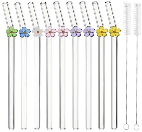 9 Stück Blumen Glasstrohhalme Mit Motiv Set, Glas Strohhalme Glasstrohhalme Lang, Glasstrohhalm Trinkhalme Glas Glastrinkhalm, Glashalme Zum Trinken Mit Reinigungsbürsten für Säfte Milch