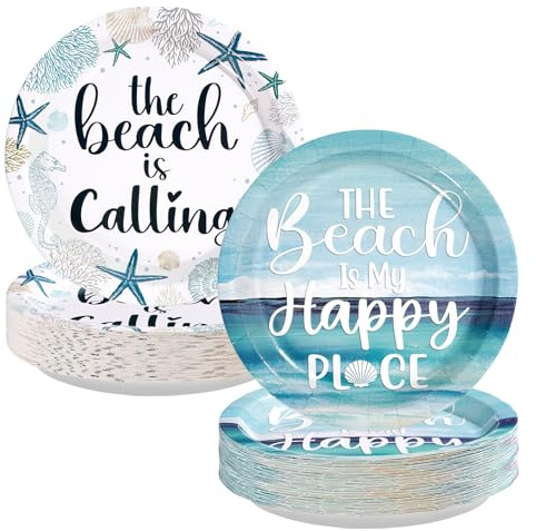 Greencian 50 Pcs Ocean Coral Paper Plates 9 The Beach is My Happy Place Dessert Plates Disposable The Beach is Calling Party Supplies for Summer Birthday Baby Shower Wedding Party Decorations