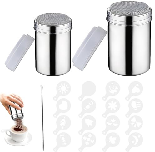 MENUY 2 Stück Puderzuckerstreuer, Kakaostreuer, Staubzuckerstreuer, Mehlstreuer mit Deckel, Enthält 16 Vorlagen und 1 Sticknadel, Kakaopulver Streuer für Cappuccino, Edelstahl Waschbar