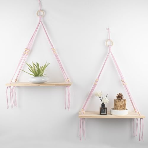 HavenCraft Wooden Pink Macrame Wall Hanging Shelf with Tassels, 2 PCS Boho Rustic Plant Shelf for Wall Decor Bedroom, Living Room, Bathroom, Nursery, Dorm, Floating Shelves for Plants Photos