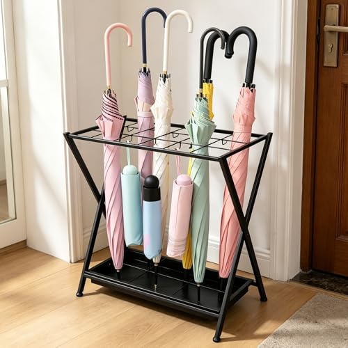 Vehiwell Umbrella Stand for Hallway Holder with 18 Holes and 10 Hooks | Iron Umbrella with Removable Drip Tray and Adjustable Feet, Rectangular Walking Stick Holder, For Entryway Home Office