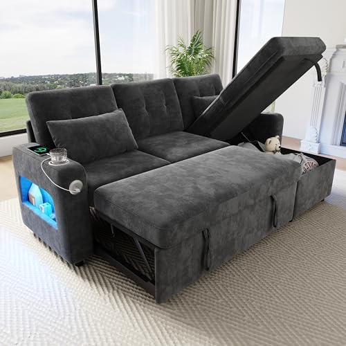 ZIDEY Ecksofa mit Schlaffunktion, USB und LED, L-Form Sofa Schlafsofa mit Bettkasten und Getränkehalter, 3-Sitzer Schlafcouch, Schlafsofa für Wohnzimmer, Gästezimmer, Grau