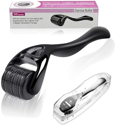 DAFNE 1Pcs Derma Roller 1mm Para La barba y el cabello crecen, 540 agujas de titanio, Profesiona Microneedling Roller para hombres y mujeres, Negro mate barba Roller, Microneedle Roller