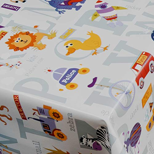 PVC Tablecloth Child's Play 2.5 Metres (250cm x 140cm), Alphabet Letters Numbers Animals, Yellow Green Blue Red White, Wipe Clean, Vinyl/Plastic Table Cloth