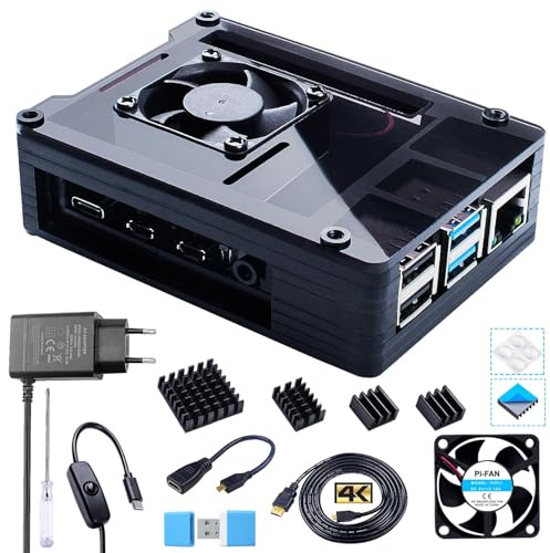 Bruphny Gehäuse für Raspberry Pi 4b, 5 V 2,5 A USB-C-Netzteil, 3 x Kühlkörper, Micro-HDMI-zu-HDMI-Adapterkabel, Acryl-Schwarz-Gehäuse mit Lüfter für Raspberry Pi 4 Modell b