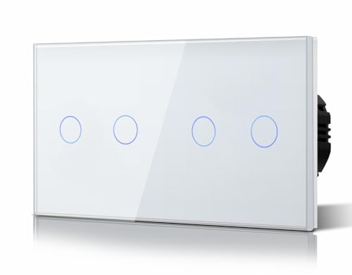 BSEED Doppelt Touch Lichtschalter aus Glas, Unterputz Wandschalter mit Leuchtanzeige(Kein Neutralleiter erforderlich), KEIN WLAN, 2 Fach 1 Weg, 157mm Weiß