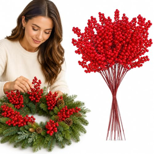 FOMIYES Künstliche Beeren - Rote Beerenzweige Für Weihnachtsbaum Dekoration | 10 Stück 21cm Stechpalmenzweige Lebensechte Pflanzen, DIY Basteln Beerenpick Heimdekoration, Winter Festliche Tischdeko