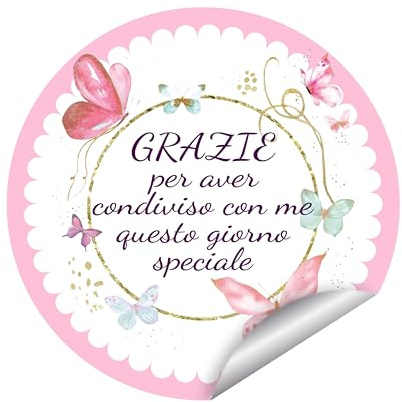 Adesivi Grazie con Farfalle Rosa – Set 30 Pezzi Ø 4 cm, Stickers Tondi Decorativi per Bomboniere, Regali e Feste, Etichette Ringraziamento per Battesimo, Comunione, Matrimonio (BTF-03-A)