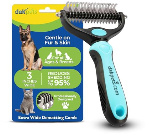 DakPets Pet Grooming Brush. Extra Wide, Double Sided Dematting Undercoat Rake for Dogs and Cats. Reduce Dog and Cat Shedding by 95%, Blue
