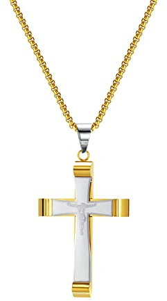 KnSam Collana Uomo Personalizzato Acciaio Inossidabile, Lucido Gesù Croce Pendente Catena Pisello, Argento/Nero/Oro Collana Gioielli Regali 55-70CM, Acciaio inossidabile, Senza zirconi
