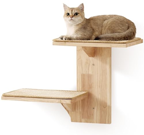 FUKUMARU Mensole per Gatti da Parete,2 Gradini da Parete per Gatto,Mensole Fatto di Legno Massiccio di Gomma con Tappetino in Sisal,Tiragraffi da Parete per Gatto si Arrampica e Riposa.