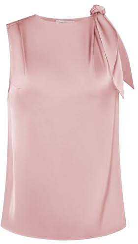 GRACE KARIN Ärmlös satinblus sommar rund hals linne ledig väst blusskjorta med rosett, ROSA, XL