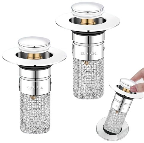 Waschbeckenstöpsel Abflussstopfen 2 Stück 34-40mm Pop up Abflussstopfen Universal mit Haarsieb, Stöpsel Waschbecken Abflussstopfen Edelstahl Waschbecken Stöpsel Für Waschtisch