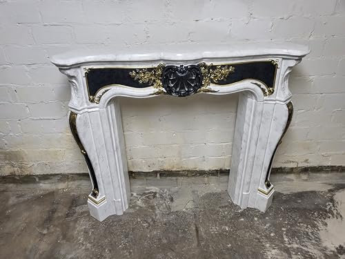 Kaminumrandung Kaminverkleidung Barock Farbe: cararaweiß mit cararablueperl marmoriert mit Gold Breite140cm Kamin