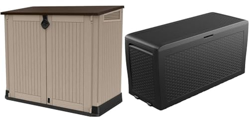 Keter Porta Attrezzi da Esterno Store It Out Midi, Ideale per il Giardino, Beige/Marrone, 132x71,5x113,5H cm, 880 L & Baule Samoa 270L, Finitura Effetto Legno, Grafite, 116,7 x 44,7 x 57 H Cm