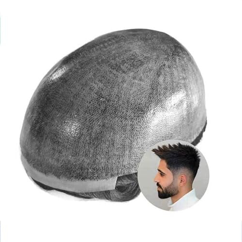 Toupet Cheveux pour Hommes Perruque toupet en cheveux naturels indiens for hommes, prothèse capillaire sans nœuds, 0.1-0.12mm, unité de système capillaire complet, densité 120% Perruque pour Homme(4 -