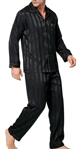 SWOMOG Mens Satin Pyjamas Set Long Sleeve Button Down Sleepwear Silk Pyjama Set Men Blouse and Long Pants PJs