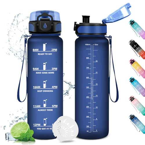 Gourde 1L, Gourde Sport, Étanche & Réutilisable, Bouteille d'eau avec Marqueur de Temps et Filtre, sans BPA, Water Bottle pour Enfant & Adulte, l'école, Cyclisme, Voyage, Camping, Yoga, Sport