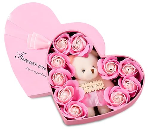 YUPDFGB Künstliche Rosen Box Teddybär mit Rose Geschenkbox Seife Blume gefälschte Blume Geschenkbox für Immer Rose Geschenke Romantisches Geschenk für Weihnachten Neues Jahr Muttertag Valentinstag