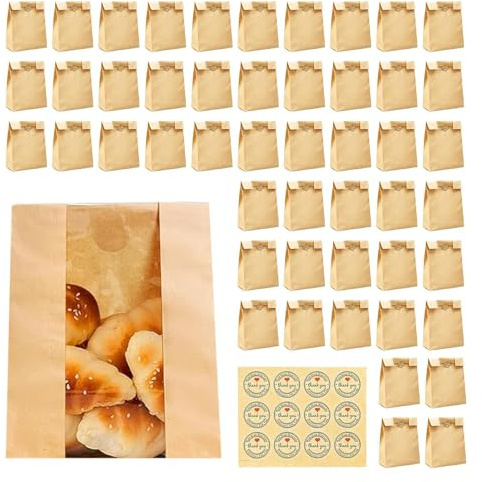 Bolsas de pan – 31 x 21 cm, de almacenamiento de alimentos, mayor apetito, bolsas de embalaje de papel con ventana frontal transparente, de almacenamiento de pan recubierta de ganado
