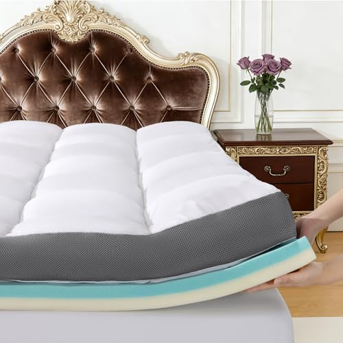 5 Inch Dual Layer Memory Foam Mattress Topper - 2.5 Inch 1500GSM Fluffy Soft Pillow Top Mattress Cover and 2.5 Inch Cooling Gel Memory Foam for Back Pain Relief,,Fits 6-18 Deep Pocket(Queen, 60x80)