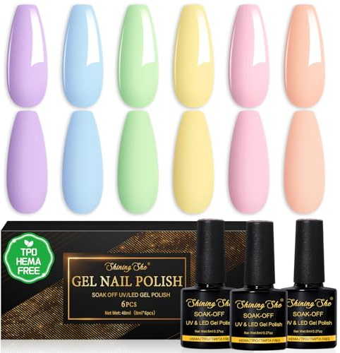 Shining She Esmaltes Semipermanentes para Uñas, TPO-Free HEMA-Free, 6 Colores Verano Pastel Púrpura Azul Rosa Amarillo Verde Durazno Pintauñas Gel Soak Off UV/LED Uso Profesional/en Salón/en Casa,8ML