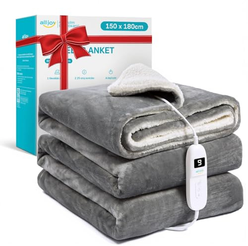 ALLJOY Coperta termica elettrica, 150 x 180 cm, con spegnimento automatico e 9 livelli di riscaldamento, timer 1-9H, riscaldamento rapido, flanella double face, lavabile, colore grigio, letto e divano