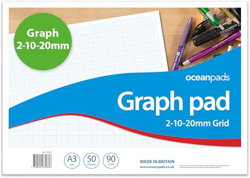 A3 Graph Pad 2-10-20mm Grid – Ocean Pads (70376) | 50 Sheets | 90gsm Graph Paper | Technical Drawing, Plotting Graphs, Engineering & Drafting