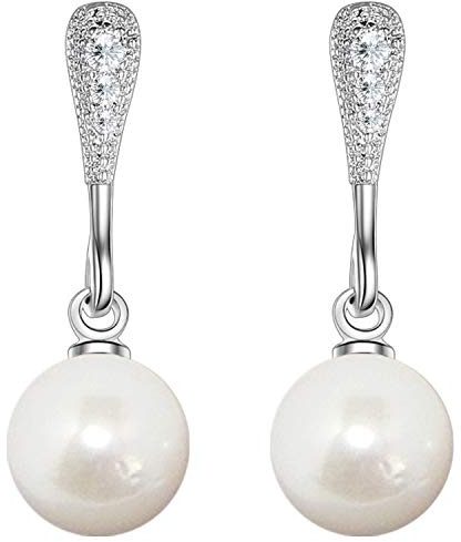 LÖB Damen Perlenohrringe Hängend 925 Silber mit Zirkonia Strass Steinen Tropfen-Form Perlen Anhänger Weiß Ohrringe Ohrstecker Brautschmuck