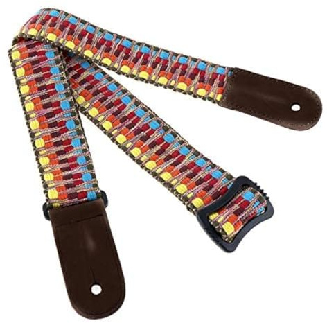 OriGlam Bunter Hawaiianischer Vintage-Baumwoll-Ukulelengurt, verstellbar, weiche Baumwolle und echtes Leder, Schulterriemen, für Sopran-, Konzert-, Tenor-, Bariton-Saiteninstrumente