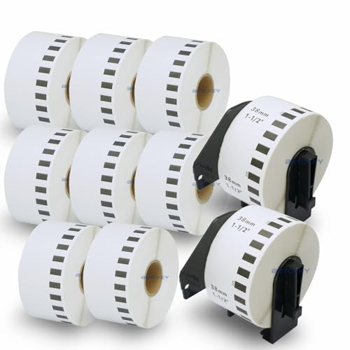 BETCKEY - 10 Rollen DK-22225 Endlosetiketten (Papier) Kompatibel mit Brother, 38mm x 30.48m, 10 Etiketten für Brother QL Etikettendrucker (2 Wiederverwendbare Etikettenhalter)