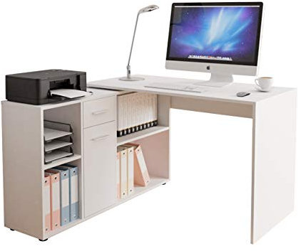 Eckschreibtisch Armando mit Regal, Winkelschreibtisch, Schreibtisch, Arbeitstisch, Bürotisch, Computertisch, Kinderschreibtisch, Winkelkombination (Weiß)
