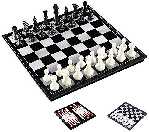 KOKOSUN 3-in-1 Schachspiel, Schach/Dame/Backgammon Set, Magnetisch Faltbares Schachbrett, Lernspielzeug/Geschenk für Kinder und Erwachsene (25×25cm)