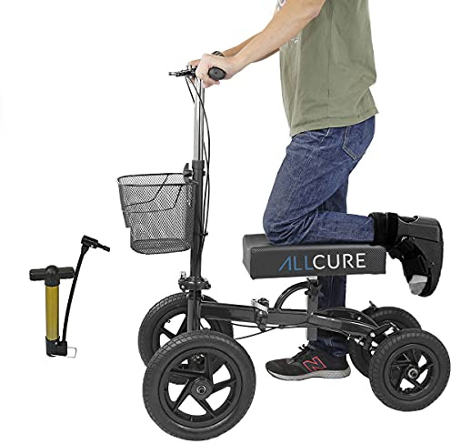 AllCure Quad All Terrain Foldable Medical Steerable Knee Walker Scooter, Walking Aid Roller for Foot Injuries, Height Adjustable Crutch Alternative, Deluxe Brake System & Basket, Black