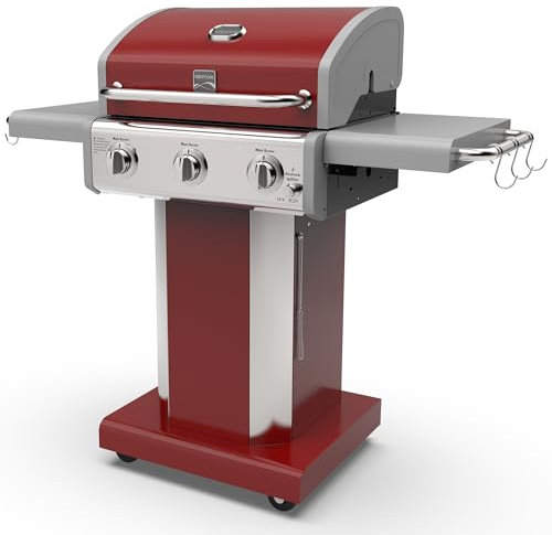 Kenmore 3-Burner Outdoor BBQ Grill | Liquid Propane Barbecue Gas Grill with Folding Sides, PG-A4030400LD-RD, Pedestal Grill with Wheels, 30000 BTU, Red