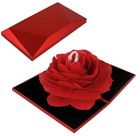 Haisheng 3D Pop Up Rose Ring Box - Valentine's Day Gift for Wife, Husband, Girlfriend, Boyfriend - Engagement & Wedding Ring Box (Red)