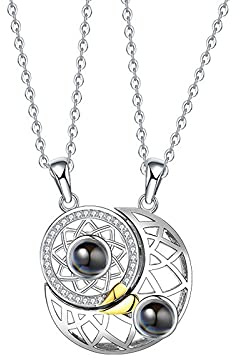 925 Sterling Silber Halskette Paar Sonne und Mond Nähte Anhänger Halskette Geschenk für Mädchen Jungen Magnet Halskette Kette für Frauen und Männer 2 Stück