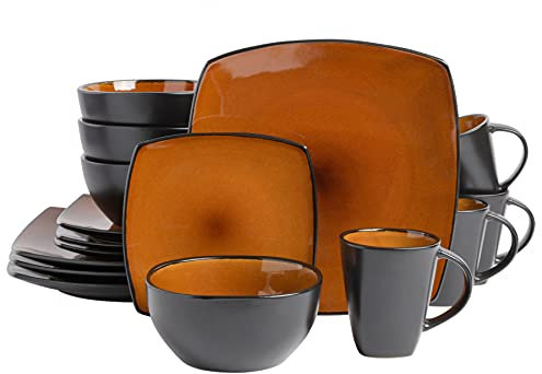Gibson Soho Lounge Square Reactive Glaze Stoneware Dinnerware Set, Service for 4 (16pc), Amber