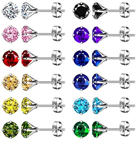 feilok 12 par 6 mm unisex örhängen för män färgglada knoppörhängen herrörhängen kit rostfritt stål örhängen set smycken piercingar för man kvinna