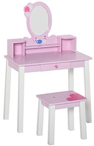 HOMCOM Kinderschminktisch mit Hocker, Frisiertisch, Kosmetiktisch mit Schublade, Fächer, Spiegel, für Mädchen, Kiefernholz, Rosa, 60 x 34 x 93 cm