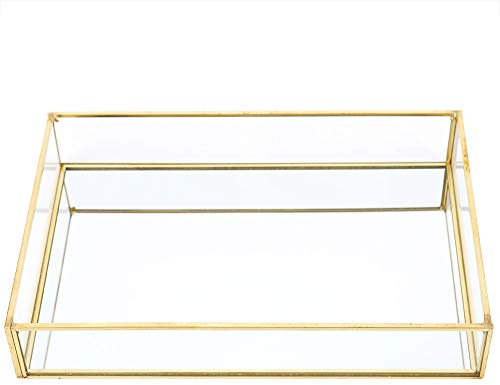 Alvinlite - Bandeja de tocador con espejo dorado y organizador de joyería y maquillaje - Chapado en oro, rectangular, color dorado - Tamaño grande (30 x 14 x 3.5 cm) - Ideal para baño y joyería