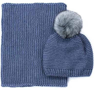 Pullmer Damen Winter Set Beanie und Loopschal 2-in-1,Strickmütze & Loop Kunstfell Bommel, gefütterte Webpelz-Bommel-Mütze und Loopschal (Hell blau)