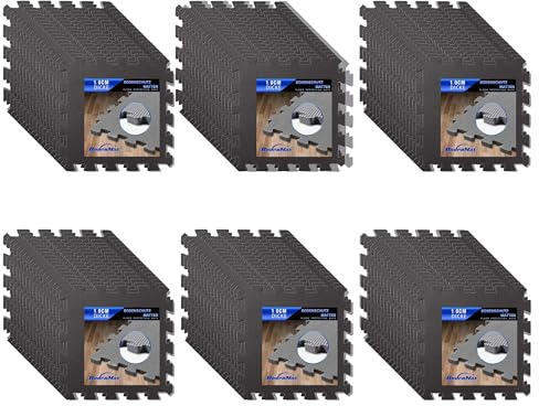 Eva Bodenschutzmatte Fitness 30x30x1cm – Puzzlematte rutschfest & stoßdämpfend – 108 Stück schwarz – Bodenmatte für Fitnessgeräte, Kinderzimmer, Garage – 9,96 m² Fläche
