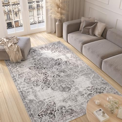 TAPISO Valley Teppich Kurzflor Vintage Creme Schwarz Blumen 140 x 200 cm | Rahmen Oriental Used Effekt Verwischt Wohnzimmer Schlafzimmer OEKO-TEX