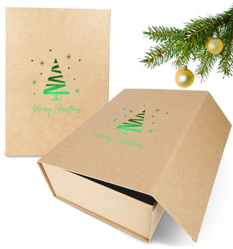 Verpackungswelt Geschenk-Box Weihnachten (1 Stk.) | 31x22x10 cm | Geschenk-Karton mit Deckel & Magnet-Verschluss | Für Weihnachts-Geschenke | Weihnachts-Verpackung mit Weihnachtsbaum-Motiv in Grün