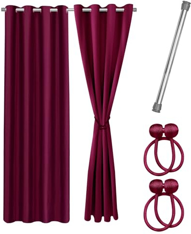 Praktisches Set ohne Bohren: 2x Vorhang + 1x Klemmstange silber 111-200 cm + 2x Raffhalter mit Magnet blickdicht & verdunkelnd, als Raumteiler, Fenster & Tür Rot Bordeaux Thermovorhang 240x135cm