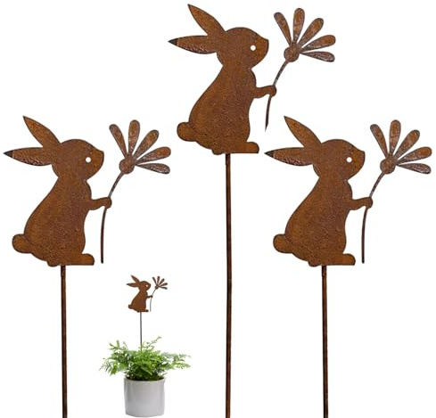 Recitem 3pcs Osterhasen Gartenstecker Rost Osterhasen Figuren, Gartenstecker, Osterdeko für Draußen, Blumenstecker für Ostern Deko Rostdeko Gartendeko Osterdekoration, Gartendeko Rost (3 d)